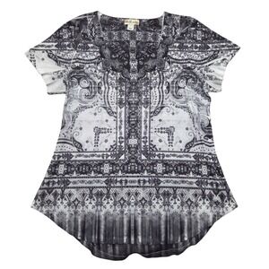 World Unity Short Sleeve Rhinestone Paisley Print Top Shirt Blouse Womens Large